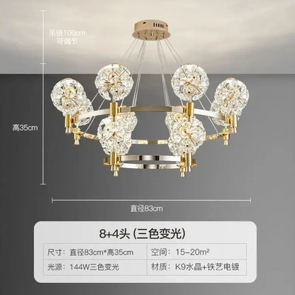 Gold-toned decorbites crystal chandelier with eight dandelion k9 crystal globes and iron art electroplating for luxe spaces