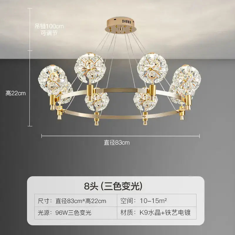 Gold-toned decorbites crystal chandelier with eight dandelion-shaped crystal lights for luxe living spaces