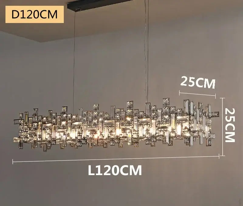 A modern 120cm decorbites crystal chandelier with metallic frame and clear crystal prisms for living room and dining table
