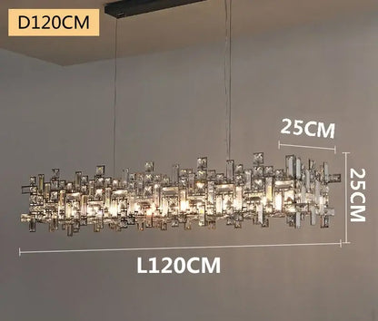 A modern 120cm decorbites crystal chandelier with metallic frame and clear crystal prisms for living room and dining table