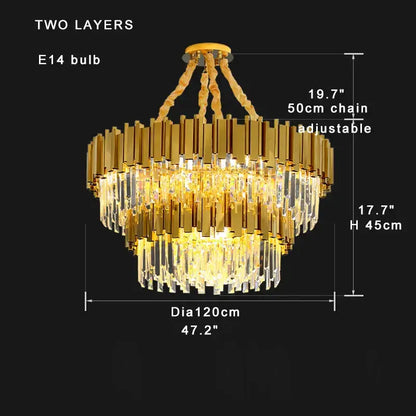 Gold-toned two-layer decorbites crystal chandelier with crystal rods and hanging glass prisms in stainless steel frame