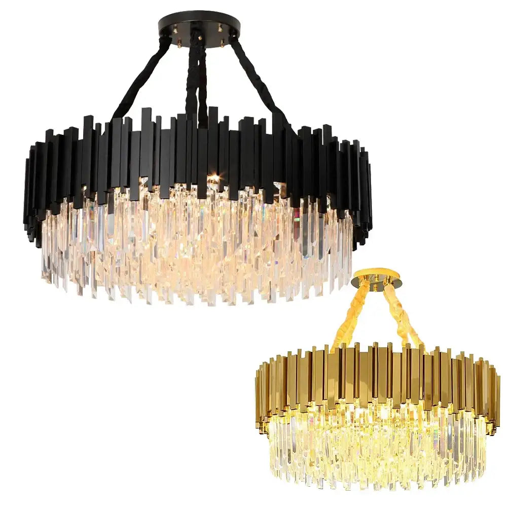 Modern decorbites crystal chandelier with dimmable gold or black stainless steel frame and cascading clear prisms