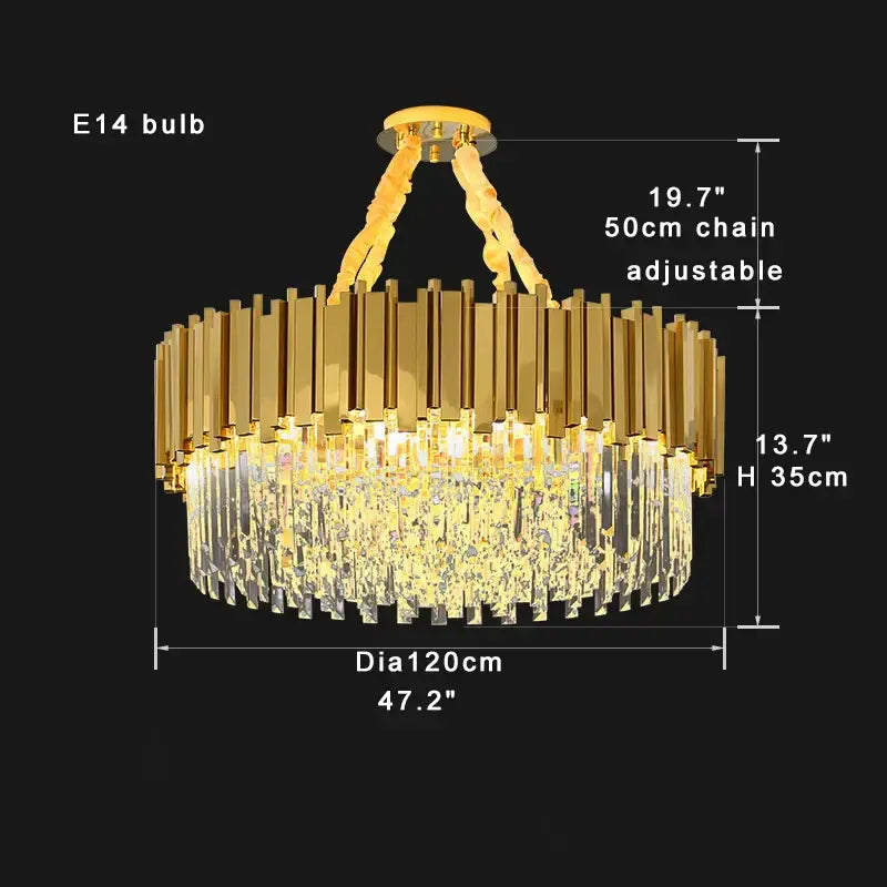 Gold-toned decorbites crystal chandelier with tiered design vertical brass bars and cascading crystal prisms in stainless steel