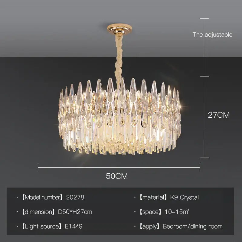 A decorbites crystal chandelier with cascading k9 crystal teardrops and gold-toned fixture for luxury lighting