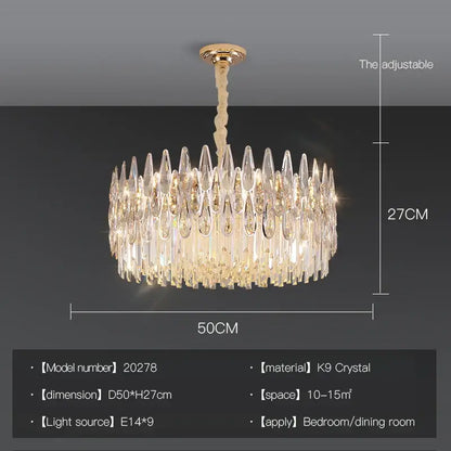 A decorbites crystal chandelier with cascading k9 crystal teardrops and gold-toned fixture for luxury lighting