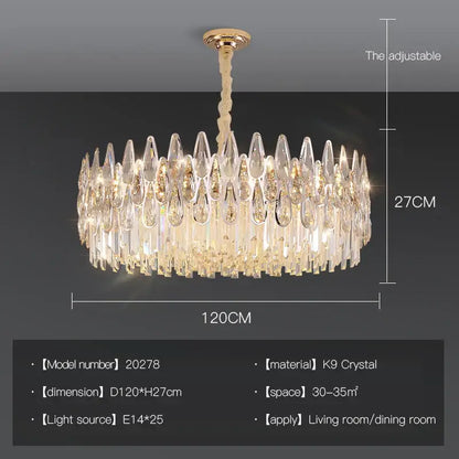 Luxurious decorbites crystal chandelier with 120cm diameter gold-toned fixture and cascading k9 crystal teardrops