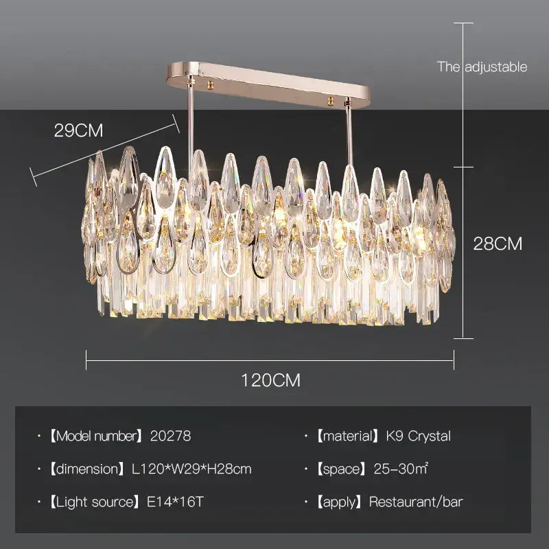 A decorbites crystal chandelier with cascading k9 crystal teardrop pendants on a rose gold oval frame