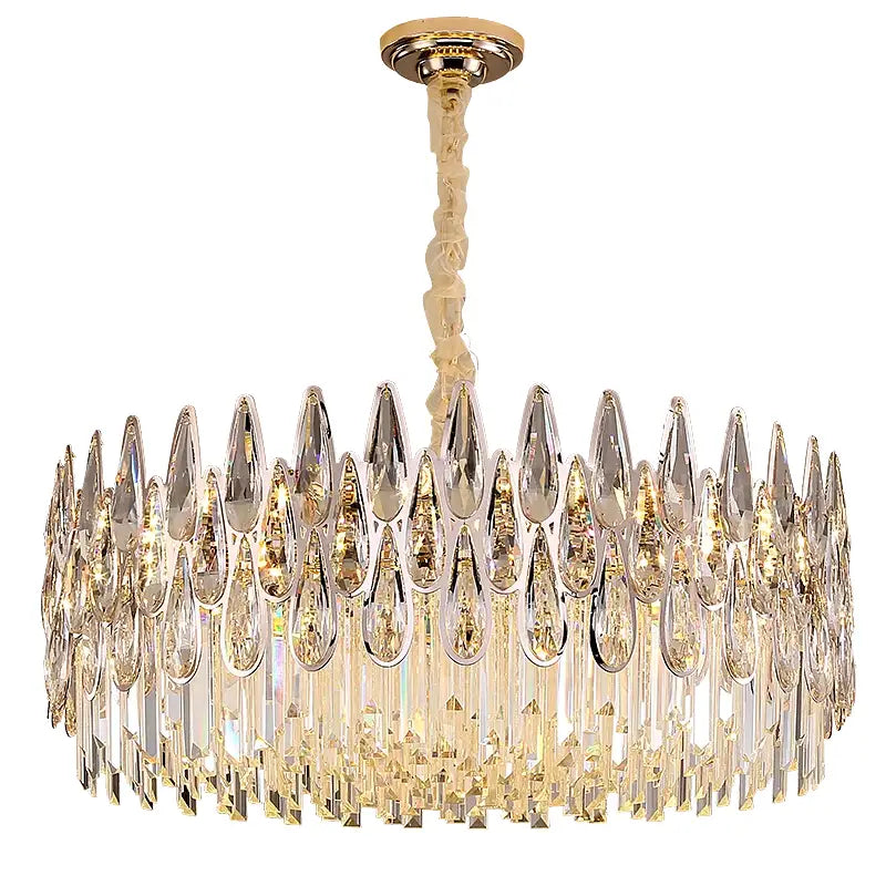 Decorbites crystal chandelier with gold-toned tiers and clear teardrop crystal prisms for luxury staircase lighting