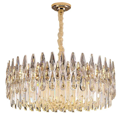 Decorbites crystal chandelier with gold-toned tiers and clear teardrop crystal prisms for luxury staircase lighting