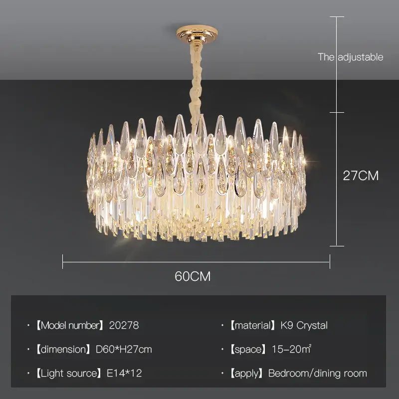 A luxurious decorbites crystal chandelier with cascading k9 crystal teardrops and gold-toned ceiling fixture