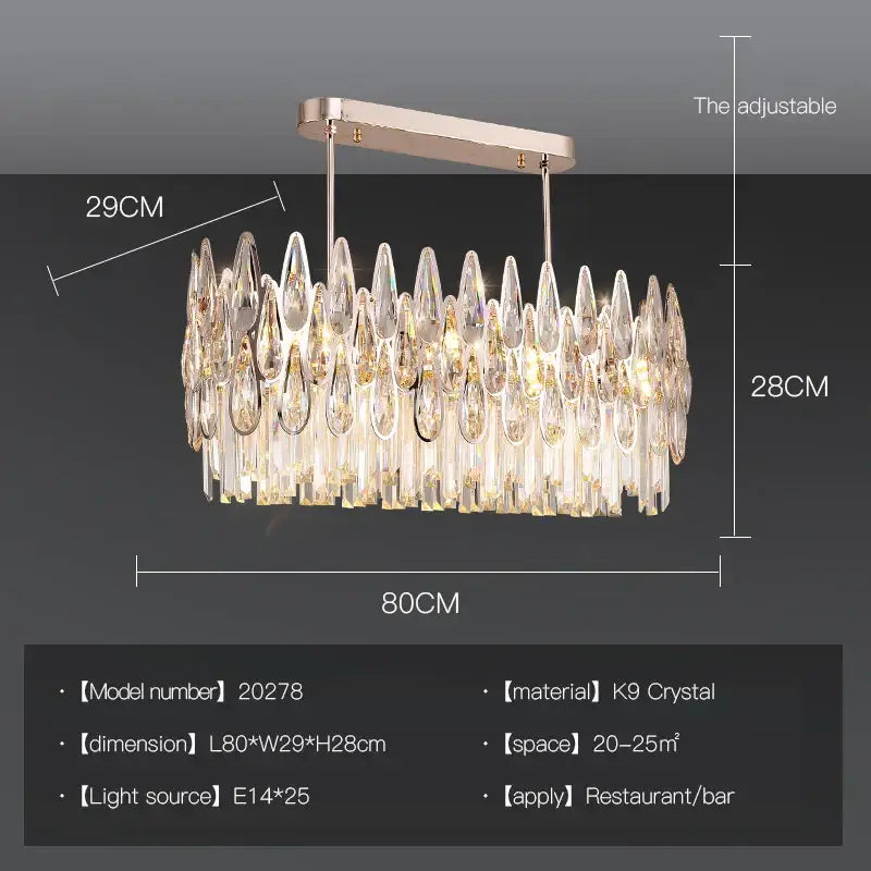 A decorbites crystal chandelier with cascading k9 crystal teardrop pendants on a gold-toned oval metal frame