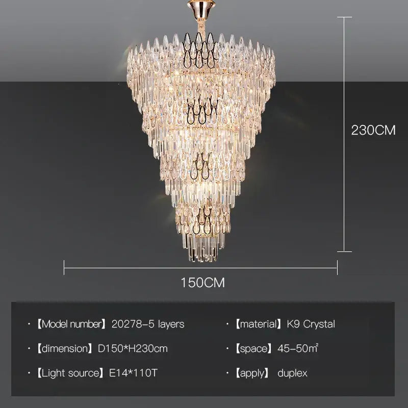 DecorBites crystal chandelier with cascading k9 crystals and gold-toned frame for luxury duplex staircase lighting