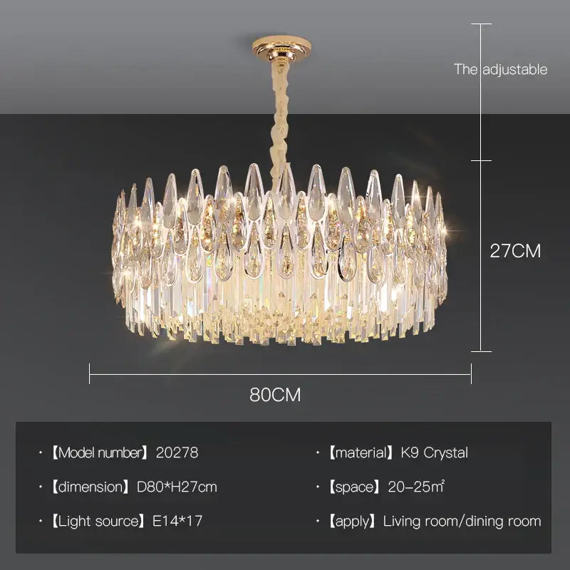 Elegant gold-toned decorbites crystal chandelier with cascading k9 crystal teardrops, 80cm wide and 27cm tall