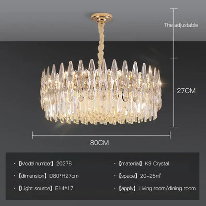 Elegant gold-toned decorbites crystal chandelier with cascading k9 crystal teardrops, 80cm wide and 27cm tall