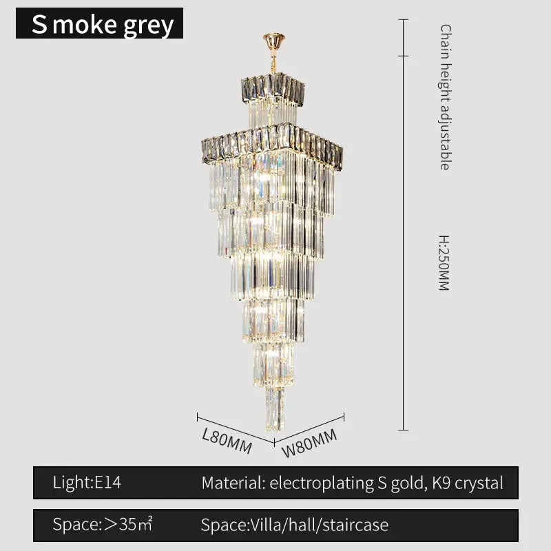 Decorbites crystal chandelier featuring s smoke grey tiered design with electroplated gold and k9 crystal accents