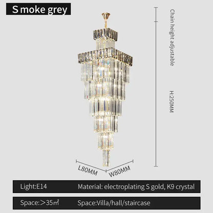 Decorbites crystal chandelier featuring s smoke grey tiered design with electroplated gold and k9 crystal accents