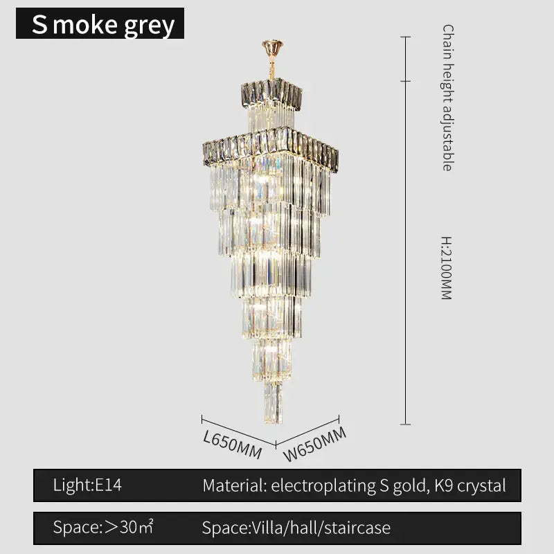Smoke grey tiered decorbites crystal chandelier with electroplated gold frame and k9 crystal strands for villa staircase