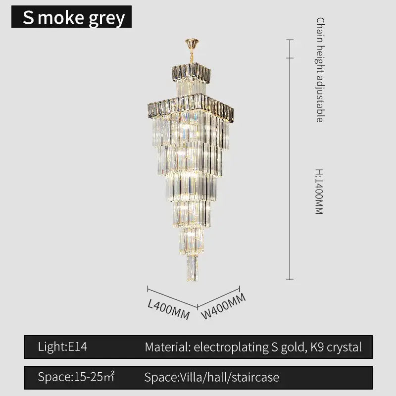 Smoke grey tiered decorbites crystal chandelier with electroplated s gold frame and k9 crystal for duplex villa staircase