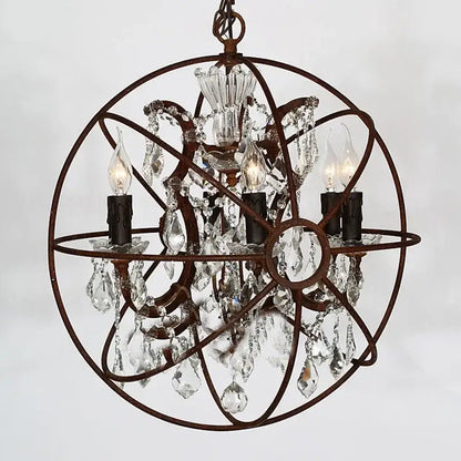 DecorBites crystal chandelier bronze sphere with intricate wireframe and crystal droplets for living room and kitchen