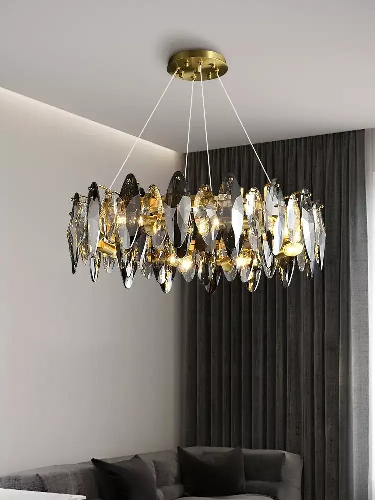 Decorbites crystal chandelier with circular brass base and clear amber dark glass shards for living room lighting