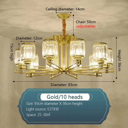 Gold-colored decorbites crystal chandelier with ten crystal glass shades and adjustable chain for elegant living spaces