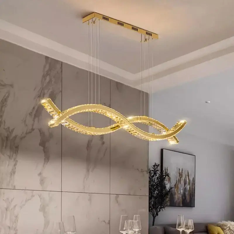 Golden modern led pendant light with twisted design and crystal accents decorbites crystal chandelier for dining room