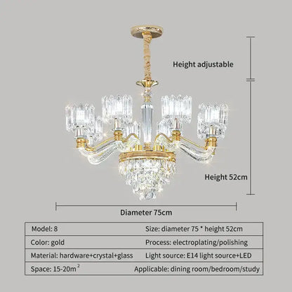 Gold-finished decorbites crystal chandelier with crystal glass arms and adjustable 52cm height for living room and bedroom