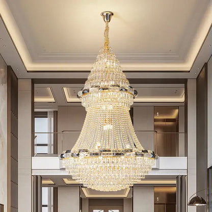 Decorbites crystal chandelier with gold-toned frame and cascading clear crystals for elegant living room lighting