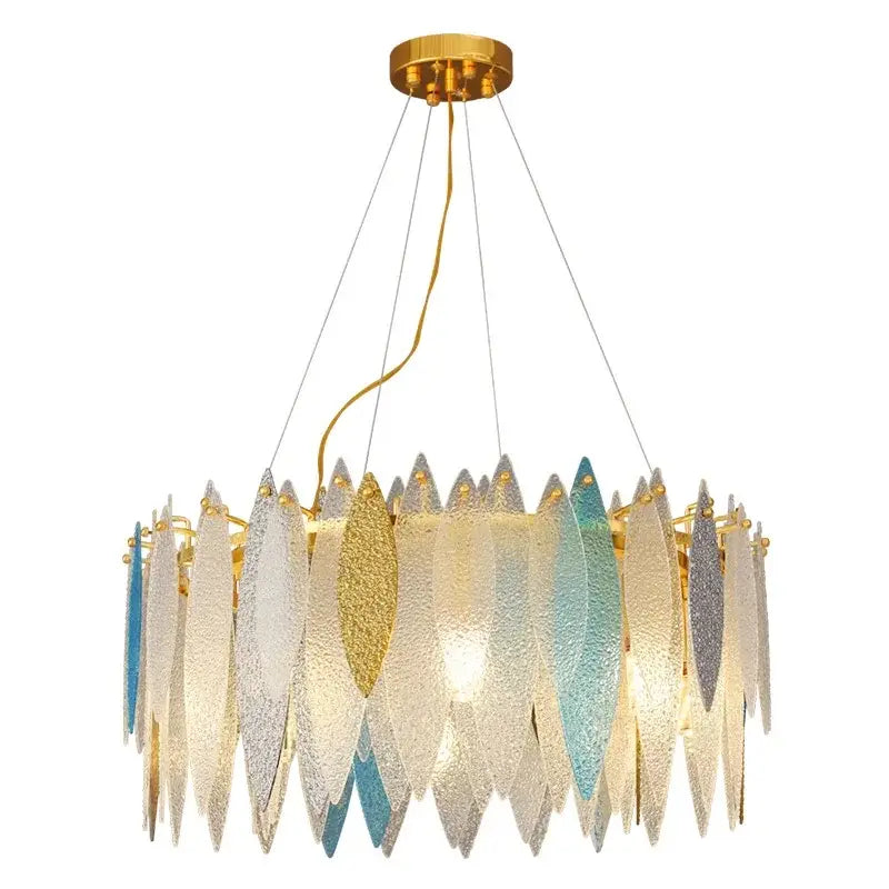 A modern decorbites crystal chandelier with gold mount and blue teal silver gold glass shards in european style