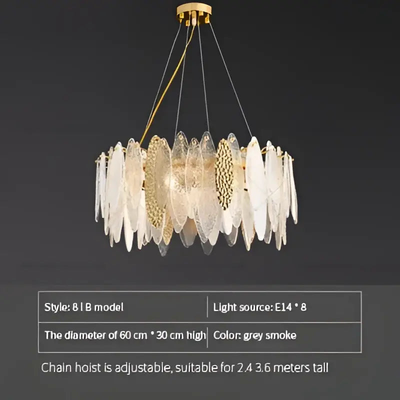 A decorbites crystal chandelier with gold ceiling mount and grey smoke glass discs in elegant european style design
