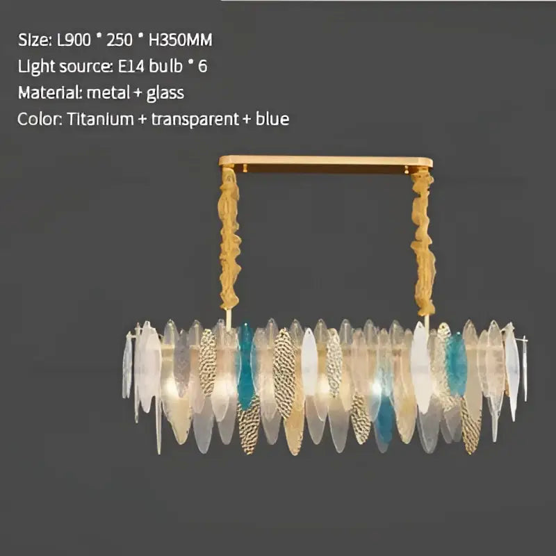 A modern decorbites crystal chandelier with gold metal frame and translucent blue amber glass shards for elegant living spaces