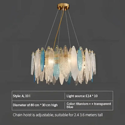 DecorBites crystal chandelier with golden chain and layered translucent blue glass leaf shades for living rooms