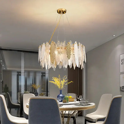 Modern decorbites crystal chandelier with gold mount and glass leaf shades in european style for living and dining rooms