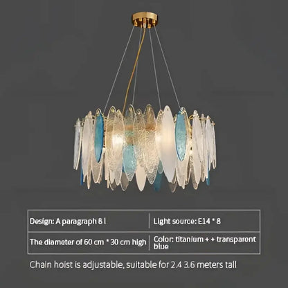 Decorbites crystal chandelier with translucent blue and clear glass leaf panels on gold metal frame for elegant interiors