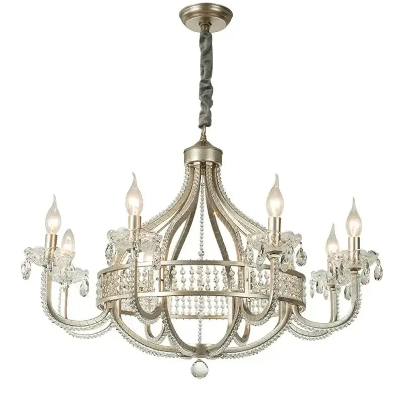 Antique silver decorbites crystal chandelier with chrome accents and six candle-style bulbs for living room lighting