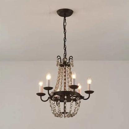 Wrought iron decorbites crystal chandelier with dark bronze finish clear crystal beads and five candle-style bulbs for dining room