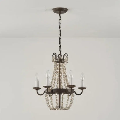 Antique bronze decorbites crystal chandelier with cascading clear crystal beads and five candle bulbs for living room