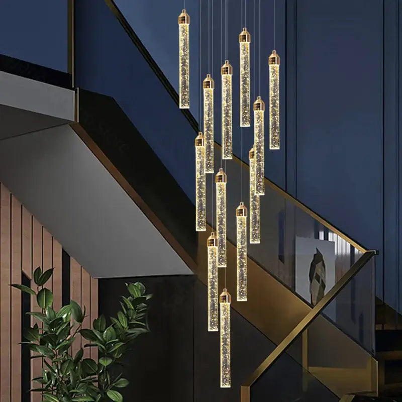 Golden cylindrical decorbites crystal chandelier with sparkling internal led lights for deluxe living room decor