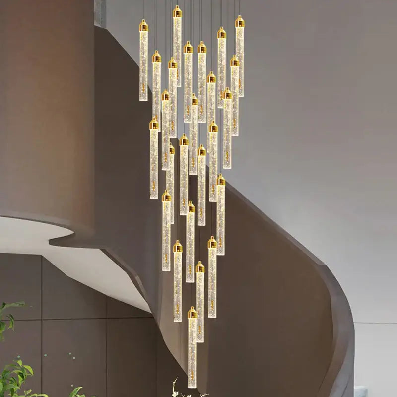 A modern decorbites crystal chandelier with vertical translucent glass tubes and led lighting for deluxe living room decor
