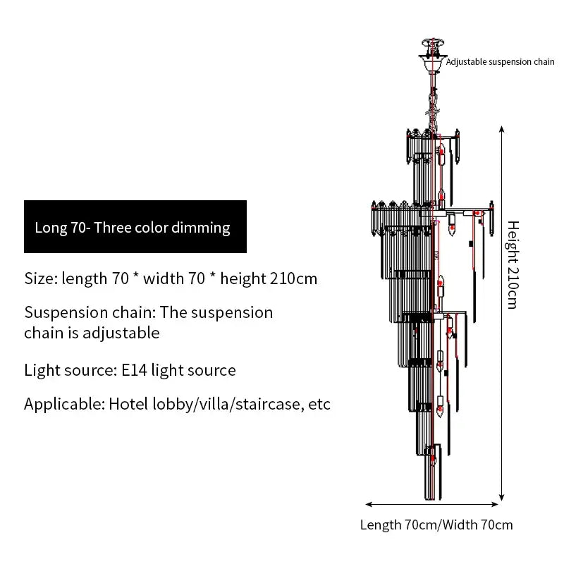 Adjustable suspension chain for 70cm three-color dimming decorbites crystal chandelier with e14 light source
