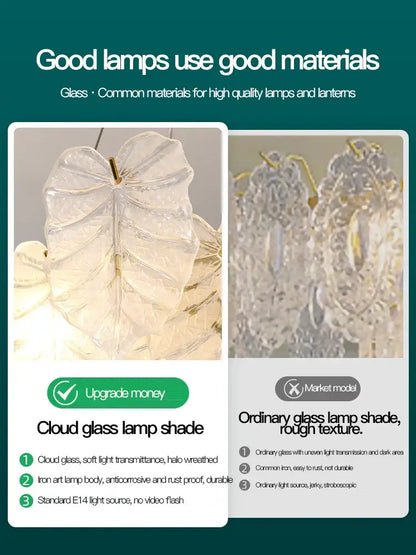 Clear leaf-shaped glass lamp shade with frosted finish and intricate patterns on decorbites crystal chandelier