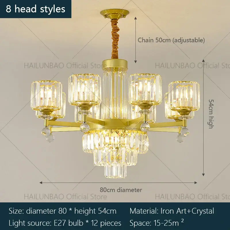 Gold-toned decorbites crystal chandelier with crystal accents and eight light fixtures for luxury villa living room