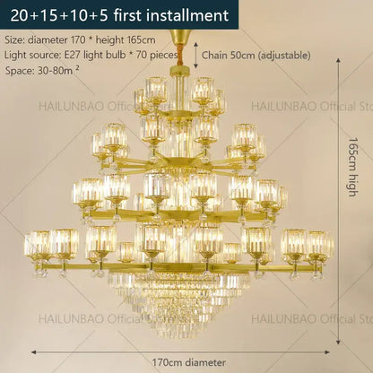 Gold-toned decorbites crystal chandelier with tiered crystal glass shades and dangling crystals for elegant villa lighting