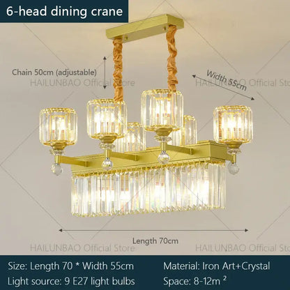 Gold-toned decorbites crystal chandelier with six heads, twisted metal chains, and crystal glass shades for living room elegance