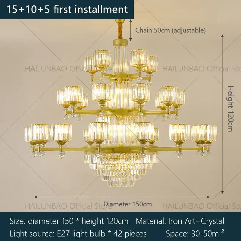 Golden decorbites crystal chandelier with multiple tiers of crystal glass shades and iron art for luxury living rooms