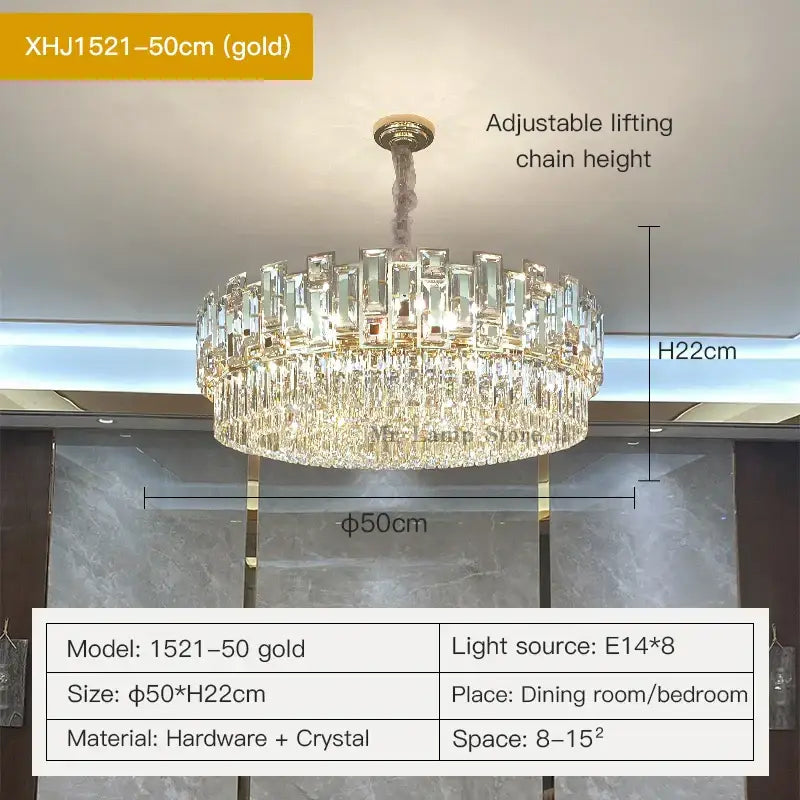 Gold-finished decorbites crystal chandelier xhj1521-50cm with two tiers of clear crystal prisms for elegant home lighting