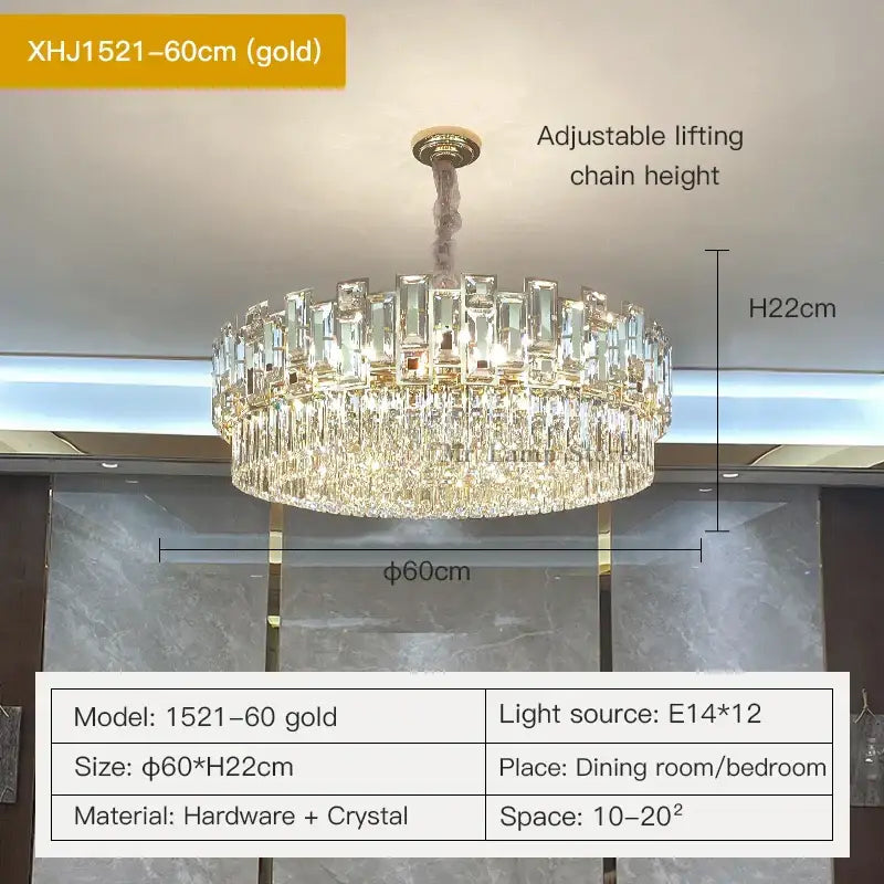 Gold-finished DecorBites crystal chandelier model xhj1521-60cm with multiple tiers of clear hanging crystal prisms