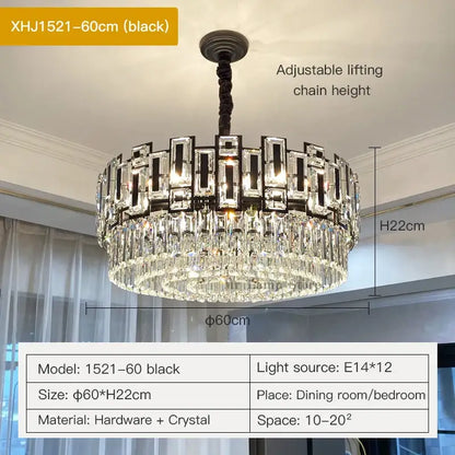 Black metal decorbites crystal chandelier with two tiers of clear crystal prisms and rectangular accents for elegant lighting