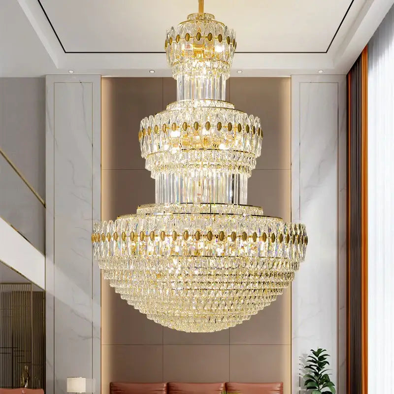 Decorbites crystal chandelier with gold accents and cascading clear crystals for elegant home and hotel lighting