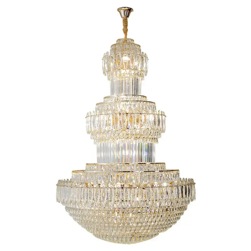A multi-tiered decorbites crystal chandelier with gold-toned metal frame and hanging chain for elegant lighting